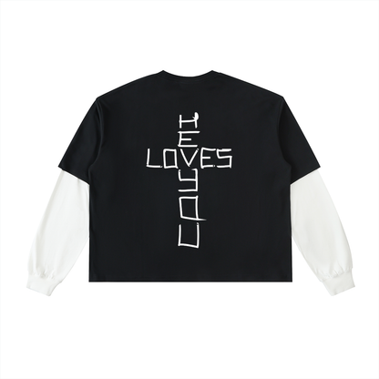He loves you (Boxy Shorter Length)(Layered Contrast Sleeve Cotton T-Shirt)