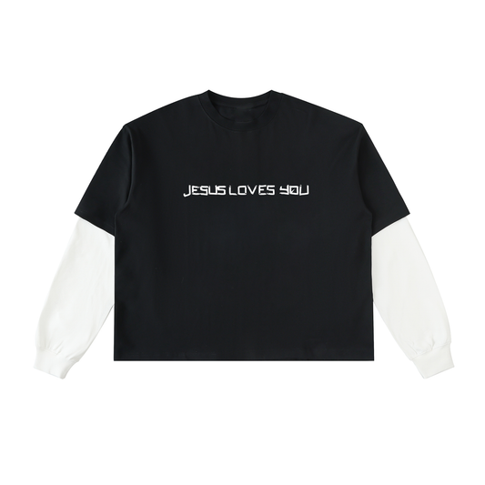 He loves you (Boxy Shorter Length)(Layered Contrast Sleeve Cotton T-Shirt)