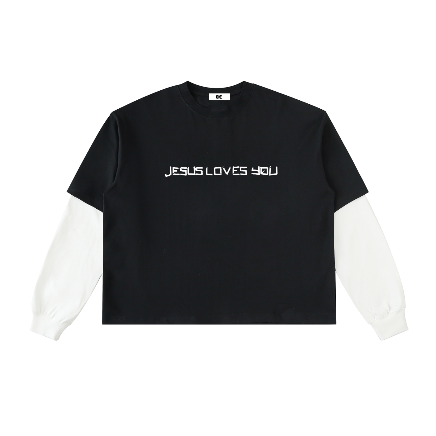 He loves you (Boxy Shorter Length)(Layered Contrast Sleeve Cotton T-Shirt)