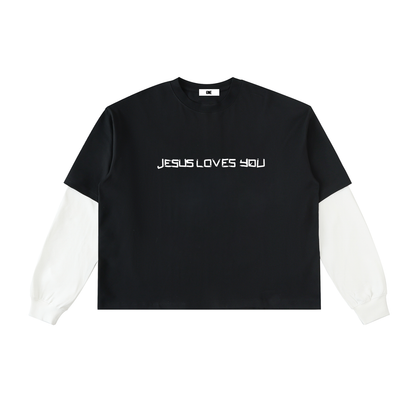 He loves you (Boxy Shorter Length)(Layered Contrast Sleeve Cotton T-Shirt)